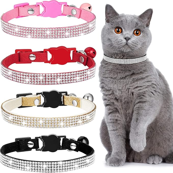 Weewooday 4 Pieces Rhinestones Cat Collars Breakaway Cat Collar with Bell Bling Pet Accessories with Soft Velvet, 4 Colors(XS,Gold, Red, Pink, Black)