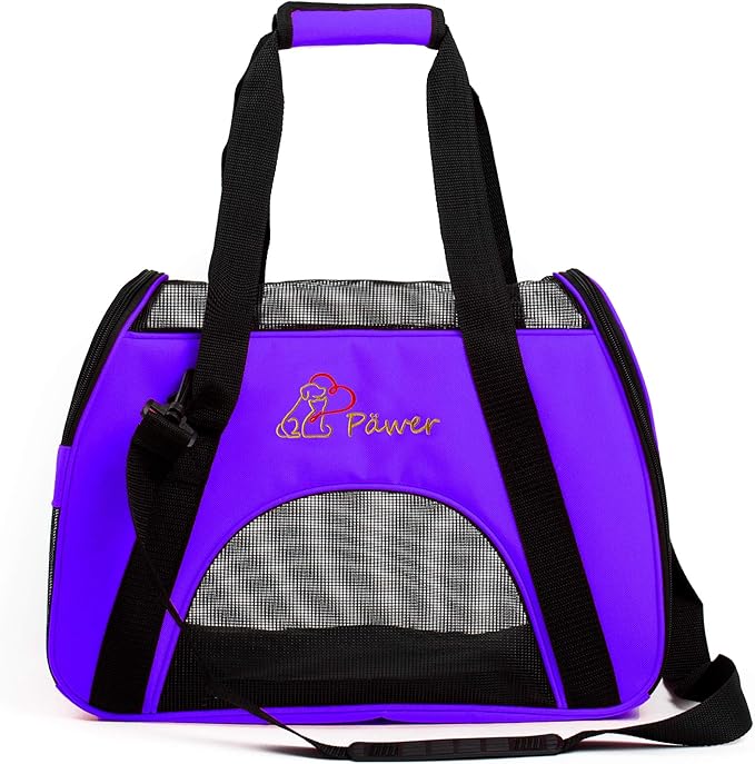 Pawer Soft-Sided Pet Carrier for Cat and Small Dog,Violet Color,Medium Size,Washable Cloth Airline Approved Travel Tote,with 2 Mesh Opens and a Strap for Carry,Multiple Colors Available
