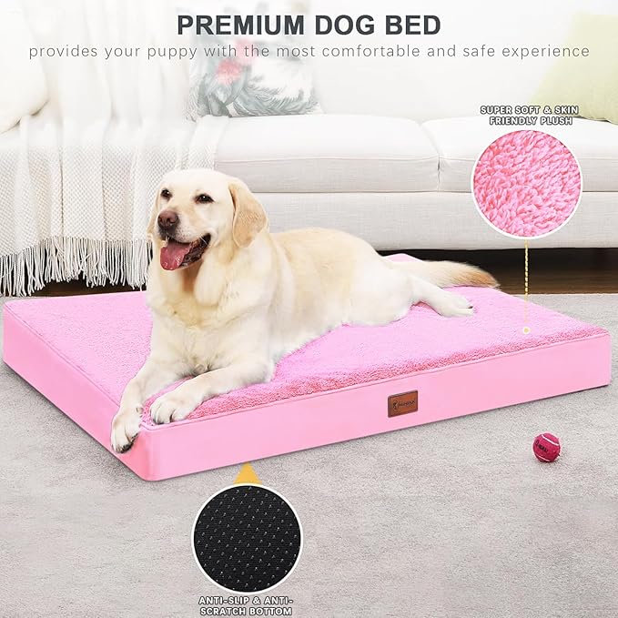 MIHIKK Waterproof Dog Bed Medium Size Dog Orthopedic Pet Beds for Crate with Removable Washable Cover Egg-Crate Foam Pet Pad Mat with Anti-Slip Bottom, 35x22 Inch, Pink