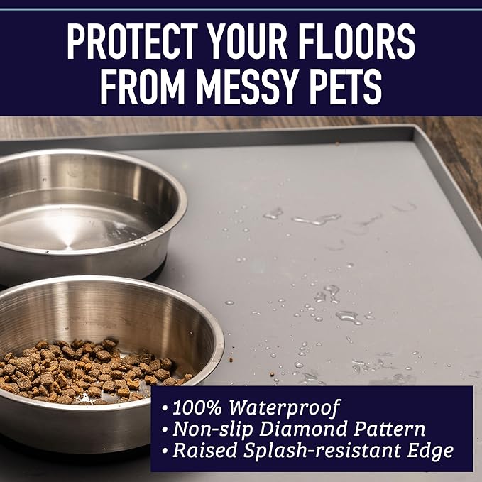 Leash Boss Raised-Edge Silicone Dog Food Mat - Waterproof Pet Mat for Dog Food & Water Bowls - Non-Slip Pet Placemat - Dishwasher-Safe Silicone Tray - 25 x 17 in, Gray