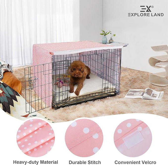 Explore Land Pattern Dog Crate Cover for 30 Inches Wire Cage, Heavy-Duty Polyester 1 2 3 Doors Standard Metal Pet Kennel Enclosure (Princess Pink)