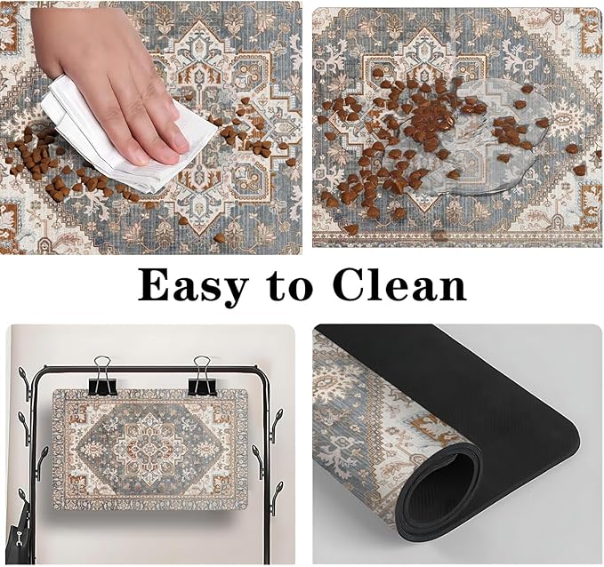 Dog Food Mats for Floors, Absorbent and Quick-Drying Pet Cat Food Mat,Anti-Fouling and Easy-to-Clean Pet Feeding Mat,Dog Bowl Mat for Messy Drinking Water Bowls.12 x20, Bohemia Style