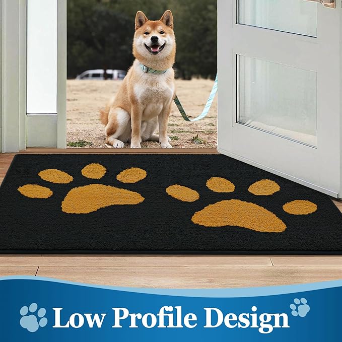 Buganda Dog Door Mat for Muddy Paws, Absorbent Dirt Trapper Washable Indoor Doormats, Non Slip Low-Profile Mud Mat for Dogs, Front Entrance Doormat for Inside Floor (30x20 Inches, Black and Yellow)
