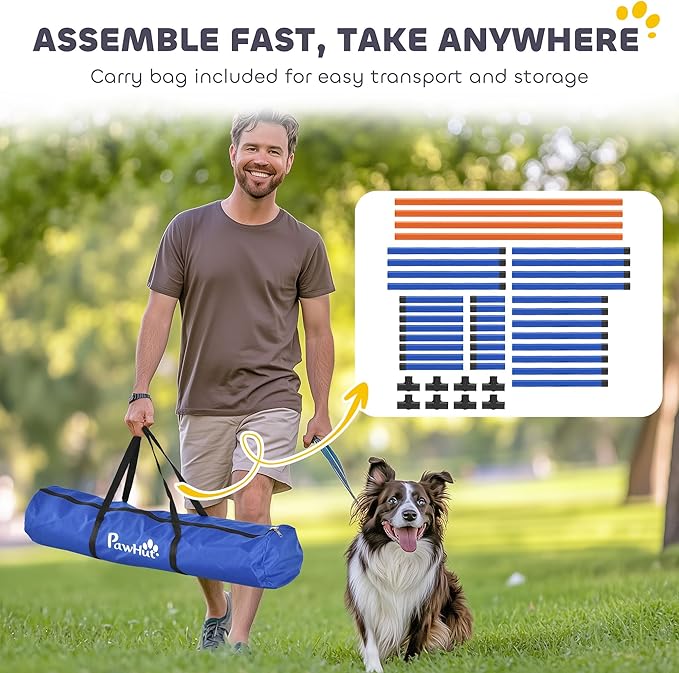 PawHut 4 Pieces Dog Agility Training Equipment, Dog Agility Course Backyard Set with Adjustable Height and Carry Bag, Indoor Outdoor Jumping Hurdles for Training, Orange