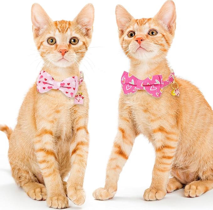 Faygarsle 2 Pack Breakaway Cat Collar with Bow and Bell, Heart Pattern, Pink, Adjustable Safety Buckle, Valentine's Day Theme
