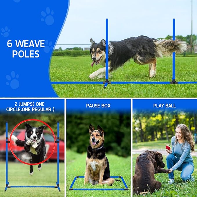 Dog Agility Equipment, Dog Agility Course Backyard Set Obstacle Course Backyard Includes Adjustable High Hurdle,6 Weave Poles,Extended Tunnel,Jump Ring,Square Pause Box,2 Balls,Whistle,2 Carrying Bags