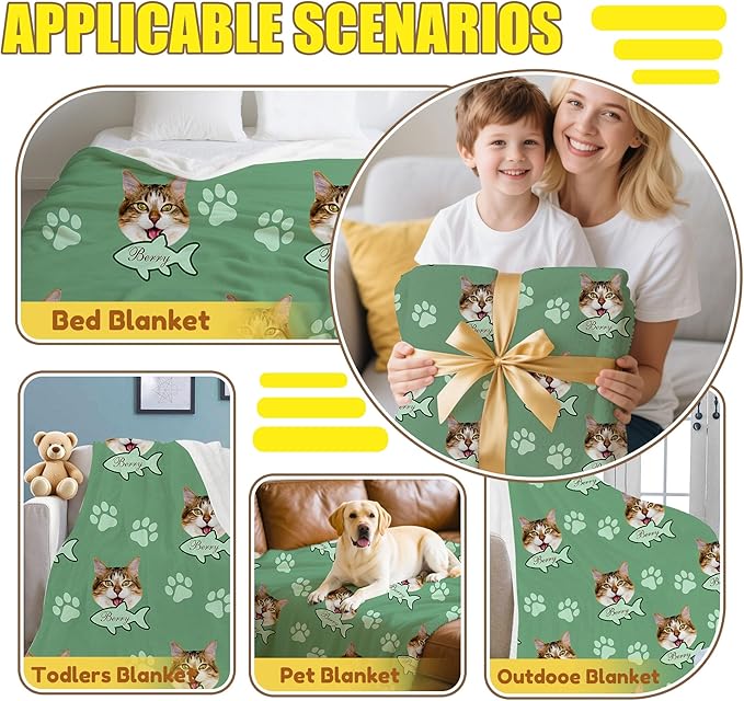 Personalized Paw Print Dog Blanket with Pet Name Face-Custom Puppy Blankets with Picture for Dogs-Customized Dog Memorial Throw Fleece Blanket-Loss of Pets Supplies Sympathy Gift for Bed Sofa Travel