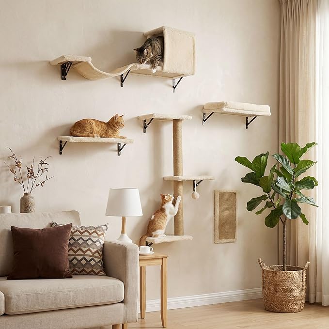 MEWANG 5-in-1 Cat Wall Shelves: Cat Climbing Furniture with Wall Mounted Perch & Lounge for Indoor Cats, Space-Saving Wall Pet Shelves for Play & Rest - Beige (White)