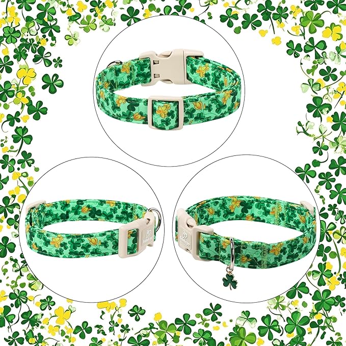 St. Patrick's Day Dog Collar for Small Dogs - Green Shamrock & Yellow Flower Print Dog Collars, Cute Irish Party Puppy Collar, Lightweight Adjustable St. Patricks Day Pet Collars S
