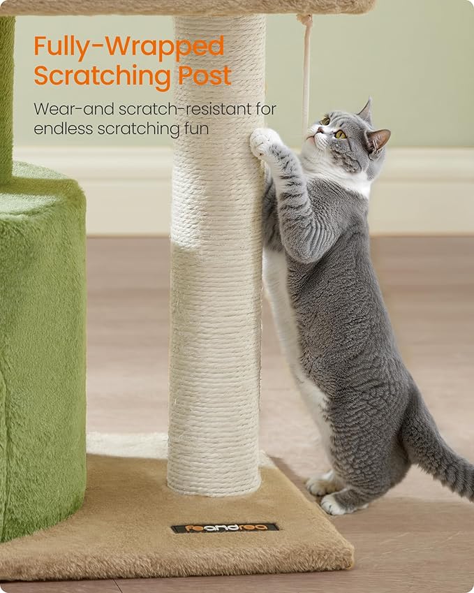 Feandrea Cat Tree, Small Cat Tower with Sisal Scratching Post, Plush Condo with Padded Perch, for Small Spaces, Kittens, Grass Green and Camel Brown UPCT050C01