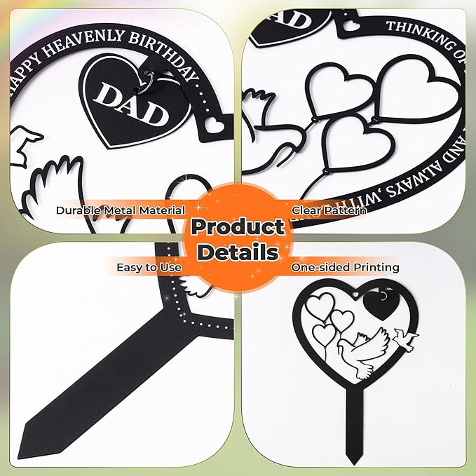 BUoonyer Stake Graves Cemetery Decorations - Dad Metal Memorial Grave Markers, Father Heart Graveyard Sympathy Plaque, Happy Heavenly Birthday Remembrance Graveside Burial Decor Sign for Outside Yard