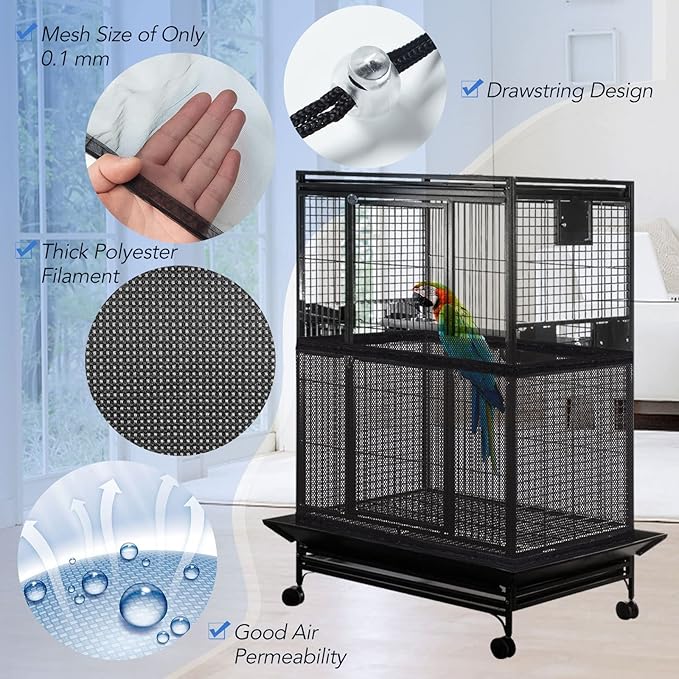 Bird Cage Netting Seed Catcher Adjustable Bird Cage Skirt Seed Catcher Large Soft Breathable Mesh Catchers for Indoor Round Square Cages (Circumference 80 inch to 118 inch)