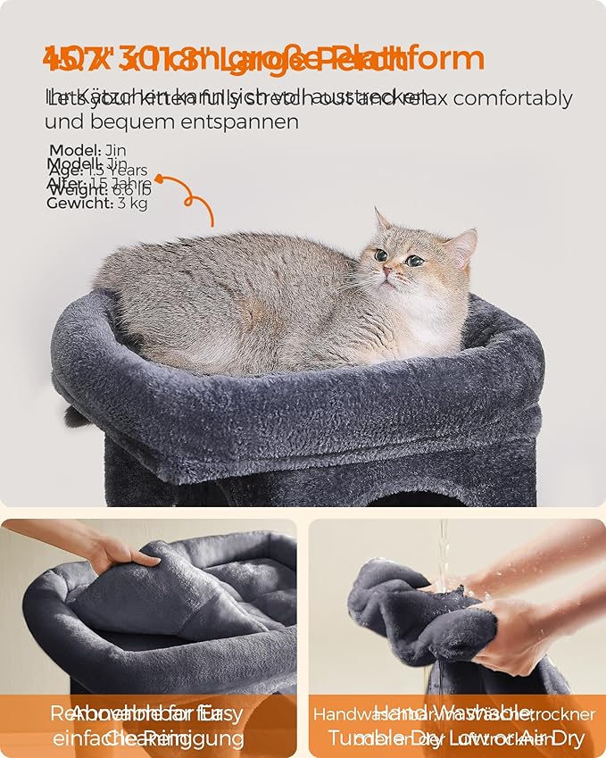Feandrea Cat Tree, 26.4-Inch Cat Tower, Plush Condo for Kittens up to 7 lb, Large Perch, 2 Caves, Scratching Post, Smoky Gray UPCT611G01