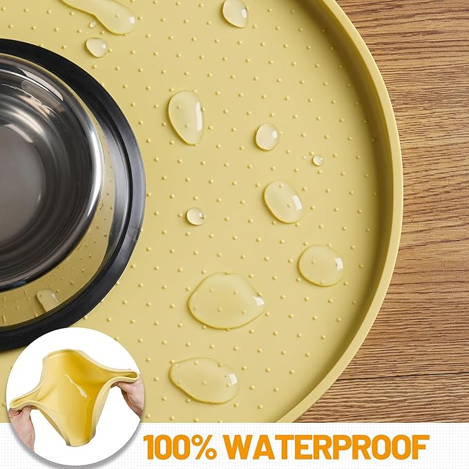 Hubulk 100% Waterproof Silicone Pet Feeding Mat with Raised Edge for Food and Water, Dog Bowl Mats, Cat Bowls Placemat with High Lip Protects Floor for Cats and Dogs (Yellow, 16" L x 10" W)
