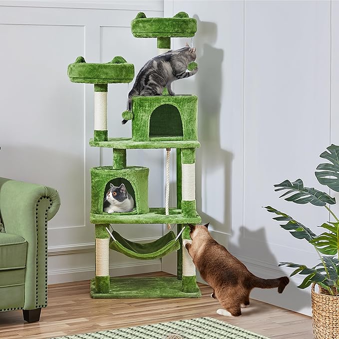 Topeakmart 62.2 inches Cat Tree with Double Condos, Cat Tower with Scratching Posts & Hammock & Foam-Padded Perches, Kitty Activity Tree Center Kitten Play House, Green