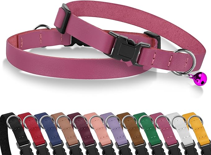 Breakaway Cat Collar with Bell - Leather Adjustable Kitten Collars with Safety Quick Release Buckle - Soft Small Pet Collars for Girl & Boy Cats (Pink)