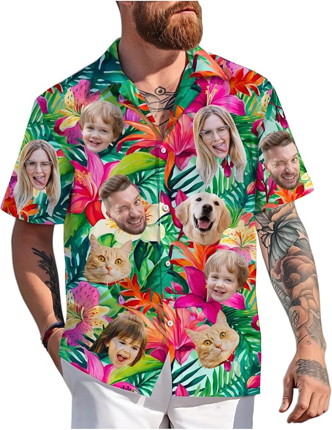 Custom Hawaiian Shirt with Face Photo Picture for Men Women Kids Youth Adult, Tropical Personalized Hawaiian Shirts Gift