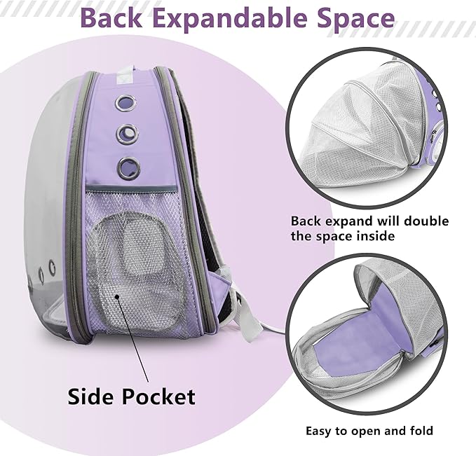 Cat Backpack Carrier Back Expandable Bubble Pet Carrier Backpack for Large Cat, Kitten and Dog, Designed for Hiking, Travelling and Outdoor Use (Back Expandable-Purple)