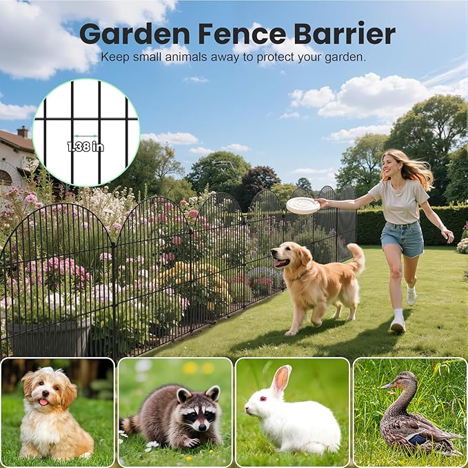 10Pcs No Dig Garden Fence, 32in(H)/24ft(L) Rustproof Metal Dog Fence Outdoor for Yard, Tall Animal Barrier Pet Fencing, Border Panel for Dog, Rabbits, Patio, Flower Bed, Garden Decor