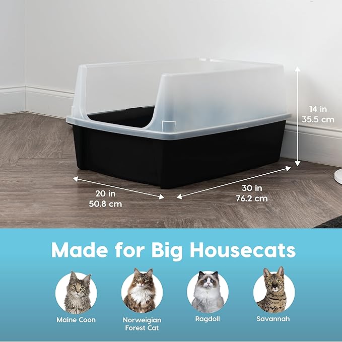 IRIS USA XX-Large Cat Litter Box, Open Top Extra Large Litter Box for Big Cats and Multi-Cat Households, High Sided Scatter Shield, Easy to Clean, 30"L x 20"W x 14"H, Black
