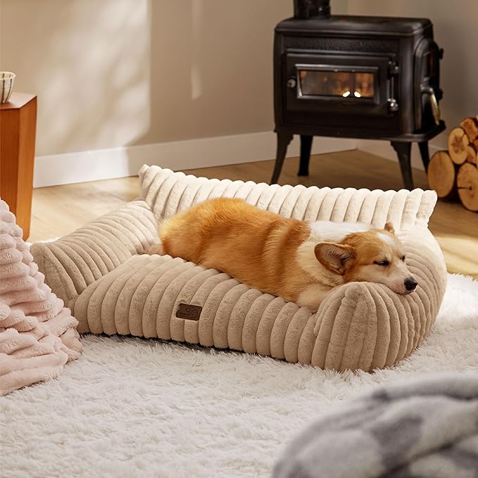 Bedsure ComfyFleece™ Cute Dog Couch for Medium Dogs - As Seen on TV on Good Day New York, Dog Couch Bed with Removable, Washable Cover, Supportive Pet Sofa, for Medium Large Dogs, 36inch, Sandy Beige