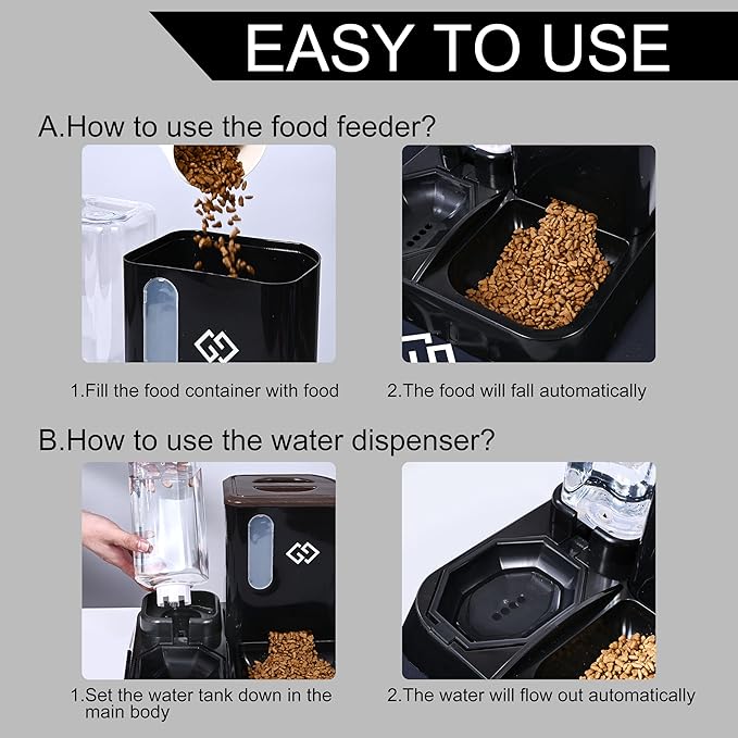 Gravity Cat Feeder and Automatic Water Dispenser for Dogs, 3 in 1 Spill-Proof Cat Feeding Station, Black Premium Design with Absorbent Mat, Easy to Clean