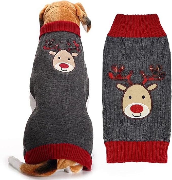 Dog Christmas Sweater Xmas Pet Clothes Cute Gray Reindeer Holiday Puppy Cat Costume New Year Gifts for Small Medium Large Dogs Jumpers (XL, Gray Reindeer)