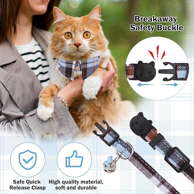 Cat Collar with Bells Breakaway, Shirt Cat Collar for Girl Boy Cats with Removable Bow Tie Collar, 2 Pack Cute Plaid Kitten Collar Bowtie for Female Male Puppy Pets Safety Adjustable
