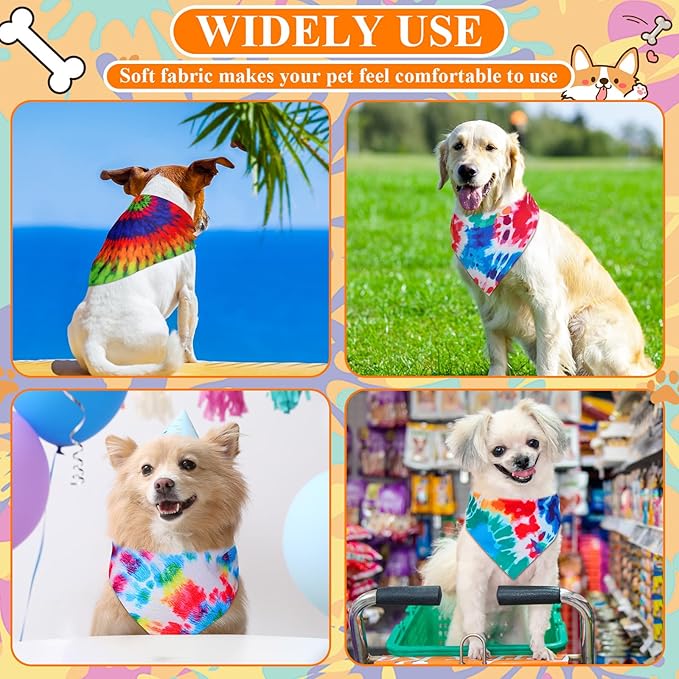 Sanwuta 120 Pcs Rainbow Tie Dye Dog Bandanas for Dogs Bulk Summer Triangle Dog Bandana for Grooming Washable Pet Scarves Adjustable Bibs Small and Medium Pets, 30 Styles