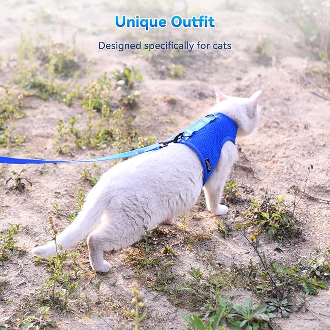 Cat Harness and Leash for Walking Escape Proof Breathable Mesh Fabric, Solid Blue, Large, Adjustable Cat Walking Jackets, Padded Stylish Cat Vest