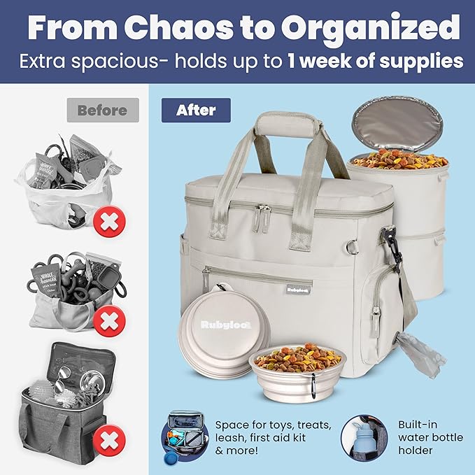 The Original Doggy Bag™ - Complete Dog Travel Bag for Supplies with 2 BPA-Free Travel Dog Bowls & 2 Pet Food Containers - Traveling Kit for Road Trips, Camping, Weekend Away or Doggy Gift: Beige