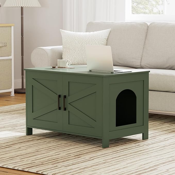Homhedy Cat Litter Box Enclosure,Litter Box Furniture Hidden with Barn Door,Wooden Cat Washroom Furniture,Fit Most of Litter Box, Green, CL50L
