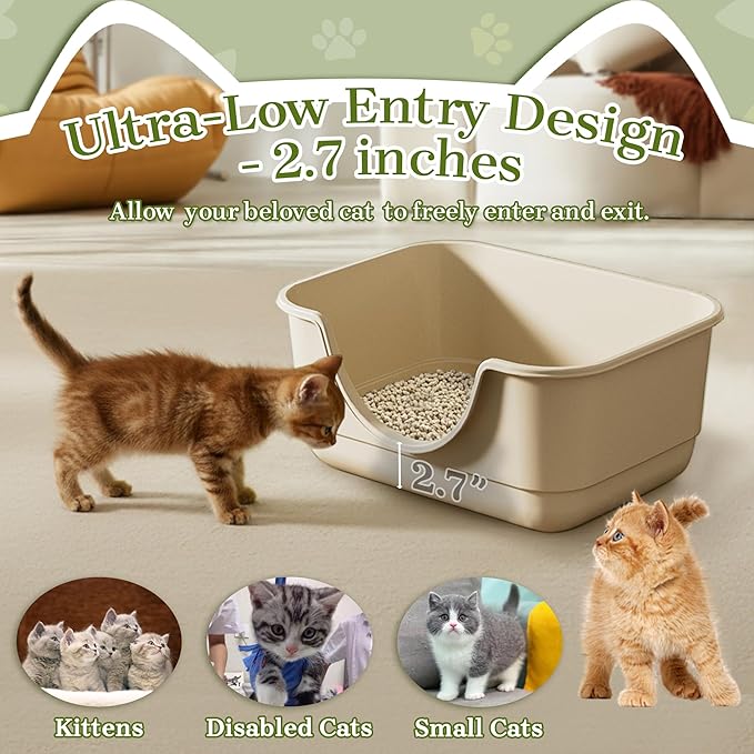 Low Entry Small Litter Box for Kittens, Kitty Plastic Litter Boxes, Open Top, Anti-Splash High Sided Litter Tray Pan for Medium Pets, Puppy, Easy to Clean, 15.7" L*11.8" W*6.7" H (Beige)