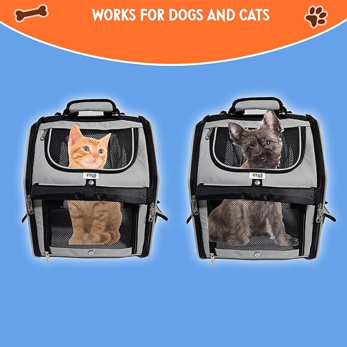 Expandable Pet Backpack Carrier – Dog & Cat, Bonus 2 Collapsible Pet Bowls, Travel Bag with 4-Way Entry, Mesh Windows, Storage Pockets, Secure Zippers, Washable Cushion
