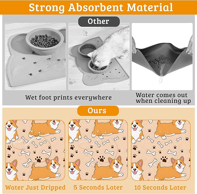 Corgi Feeding Mat,Cute Dogs Absorbent Quick-Dry Cat Dog Food and Water Bowl Mats,Non-Slip Rubber Backing Mat,Cat Dog Accessories Supplies 16" x 24"