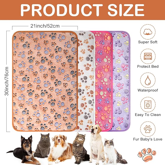Hestya 4pcs Waterproof Dog Puppy Pads Soft Cat Blanket Dog Sleeping Mat Absorbent Pet Blanket Paw Pattern Warm Pads Fleece Puppy Potty Training Pads Reusable Food Bowl (30 x 21 inch)