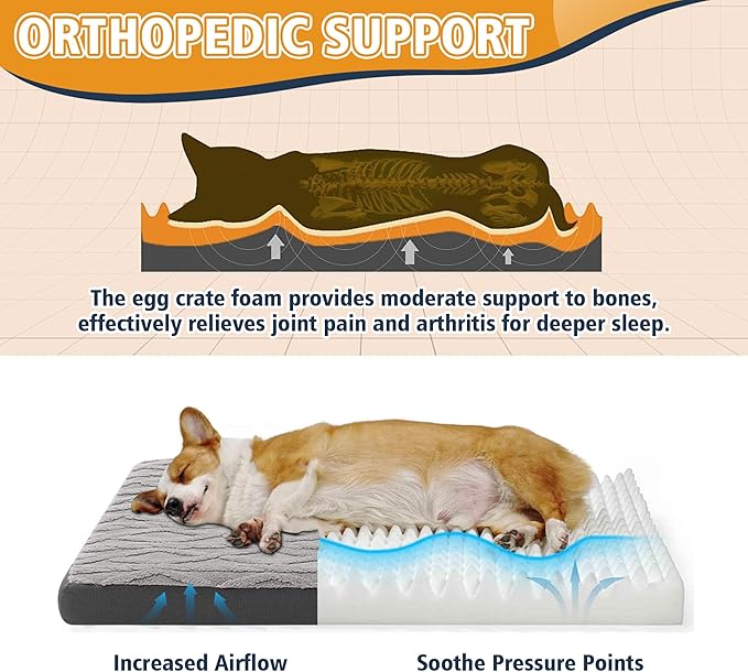 Orthopedic Dog Crate Bed – Waterproof Plush Pet Mattress with Removable Washable Cover, Non-Slip Bottom, Big Memory Foam Dog Bed for Crate, 36x27 Inch, Grey