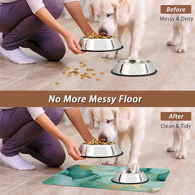 Marble Dog Food Mat for Floors,Green Gold Flowing Marble Absorbent Quick-Dry Pet Feeding Mat,Cat Dog Bowl Mats for Food and Water,Non-Slip Pet Accessories Supplies 12"x20"