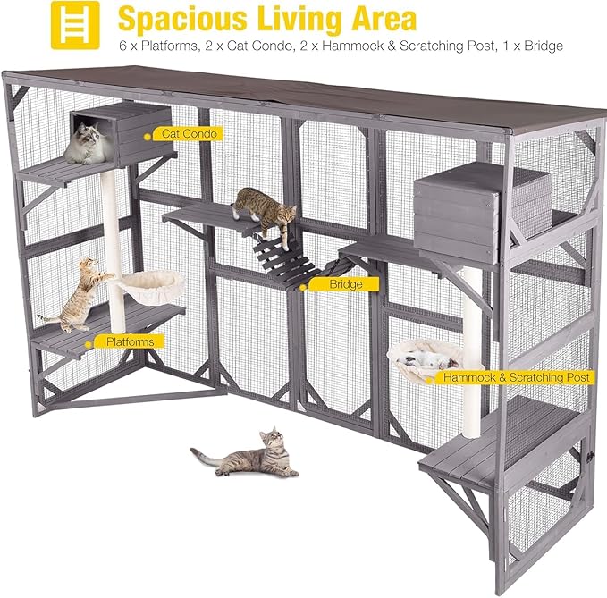 Aivituvin Catio Outdoor Cat Enclosure Window, Wall-Mounted Large Walk-in Cat Playpen with Scratch Posts, Basket, Platform, Bridge and Sleeping House— Safe, Weatherproof Cats Patio for Multiple Cats