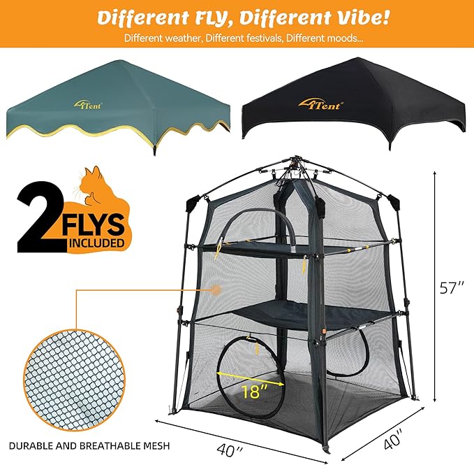 Instant 3-Tier Cat Catio Tent with 2 Interchangeable Covers (Scalloped Green + Black),X-Large Cat Enclosure for Indoor and Outdoor,3 Tier Cat Cage,Two Doors Design can Assemble More Shapes (Patented)