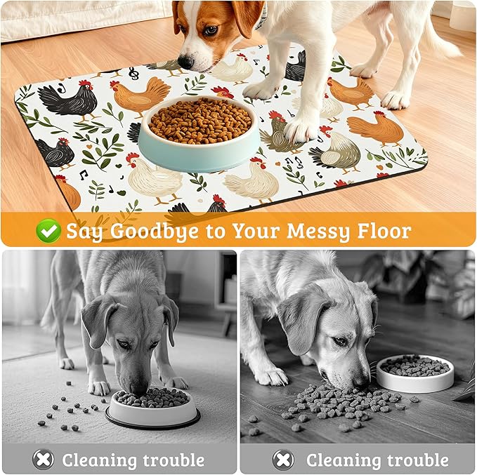 Dog Bowl Mat,Chickens Roosters Pet Feeding Mat for Floors Waterproof,Plants Leaf Absorbent Dogs Placemat for Food and Water Quick Dry Pet Cat Feeding Mats with Non Slip Bottom 16" x 24"
