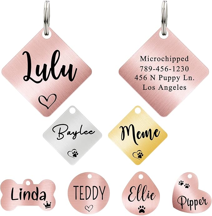 Ultra Joys Dog ID Tag, Custom Dog Tag Personalized Cat Tag, Pet ID Tag, Brushed Stainless Steel Diamond Dog Tag Rose Gold Medium