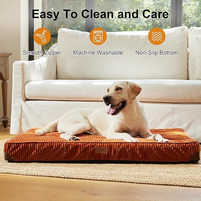 FFUKUMARU Dog Bed, Thickened Corduroy Orthopedic Dog Beds with Washable Cover, XL Waterproof Dogs Bed for Crate, 28D Egg Crate Foam Support Pet Mat, Cozy Pet Bed Pad with Anti-Slip Bottom, Orange