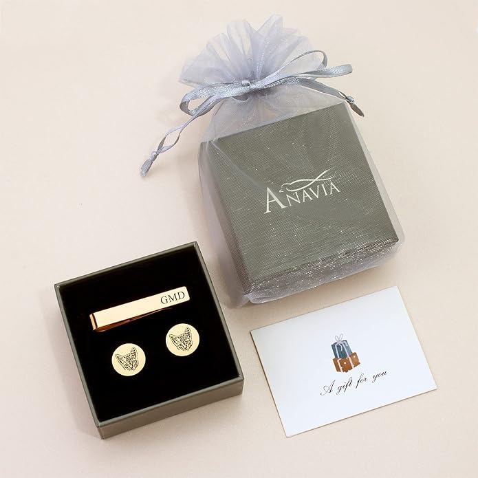 Anavia Pet Portrait & Handwriting Cufflinks Tie Clip Gift Box Set, Personalized Sketch Style Photo Engraving Men's Jewelry Accessories for Father Dad Brother Boyfriend Husband Wedding Birthday Gift