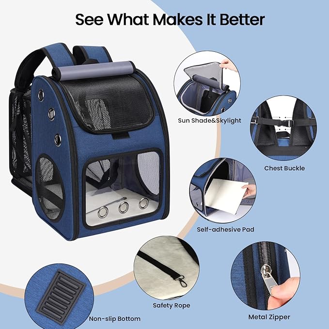 Expandable Pet Carrier Backpack for Cats, Dogs and Small Animals, Portable Pet Travel Carrier, Super Ventilated Design, Airline Approved, Ideal for Traveling/Hiking/Camping, Blue
