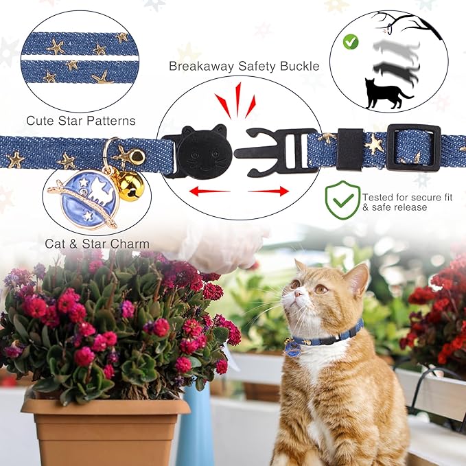 3 Pack Breakaway Cat Collars with Bell- Moon and Stars Pendant Cat Collar for Girl Boy Cats with Safety Buckle- Cute Kitten Collar Adjustable 8"-12" for Kitty Puppy Small Pets