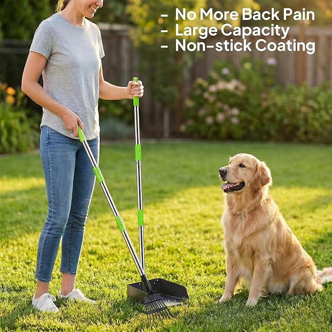 Niubya Pooper Scooper for Dogs, Metal Poop Scooper Tray and Rake Set with Adjustable Long Handle, Dog Pooper Scooper for Pet Waste Removal