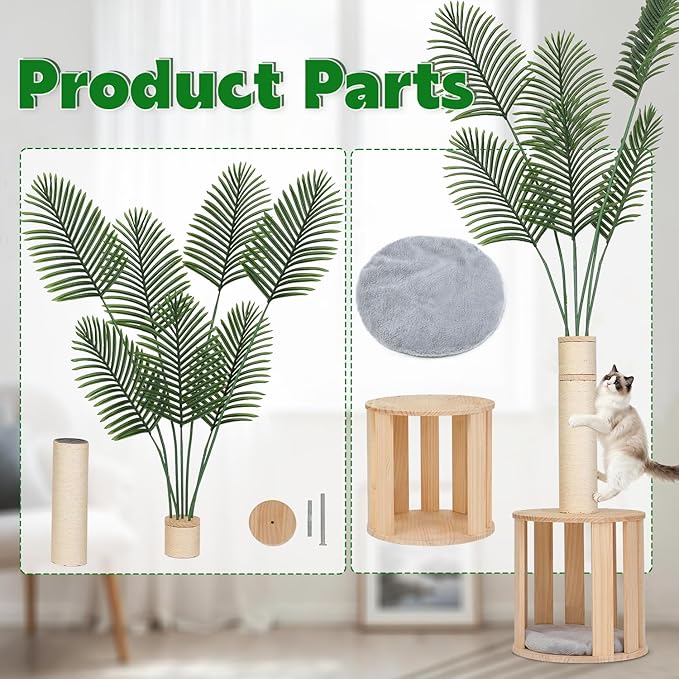 82.7'' Tall Modern Cat Tree for Indoor Cats,Artificial Areca Palm Tree Cat Tower with Solid Wood Cat Bed,Nature Sisal Scratching Post,Removable Mat,Aesthetic Cat Activity Center for Small Medium Cats
