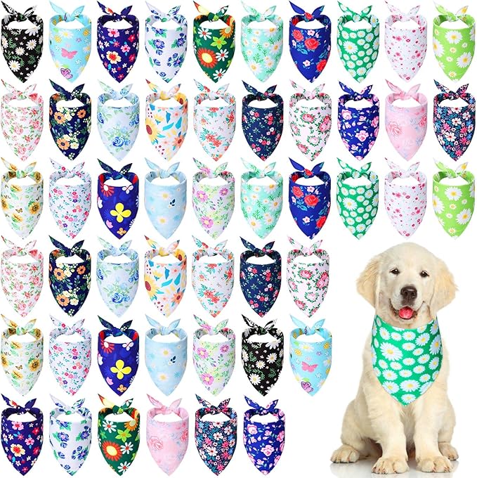 Silkfly 50 Pieces Spring Bandanas for Dog Bulk Adjustable Spring Triangle Scarf with Flower Floral Dog Bandanas Bibs Washable Pet Kerchief for Small Medium Large Pet Cat Costume Accessories Decoration