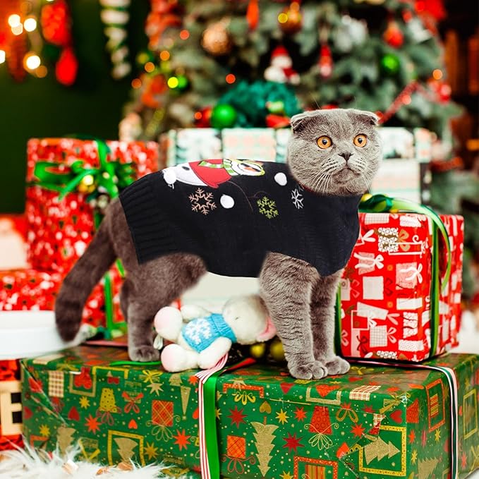 Christmas Dog Sweaters Xmas Pet Outfit Clothes Cute Black Snowman Costume Puppy Cat Knitted Jumpers (XS,Black Snowman)